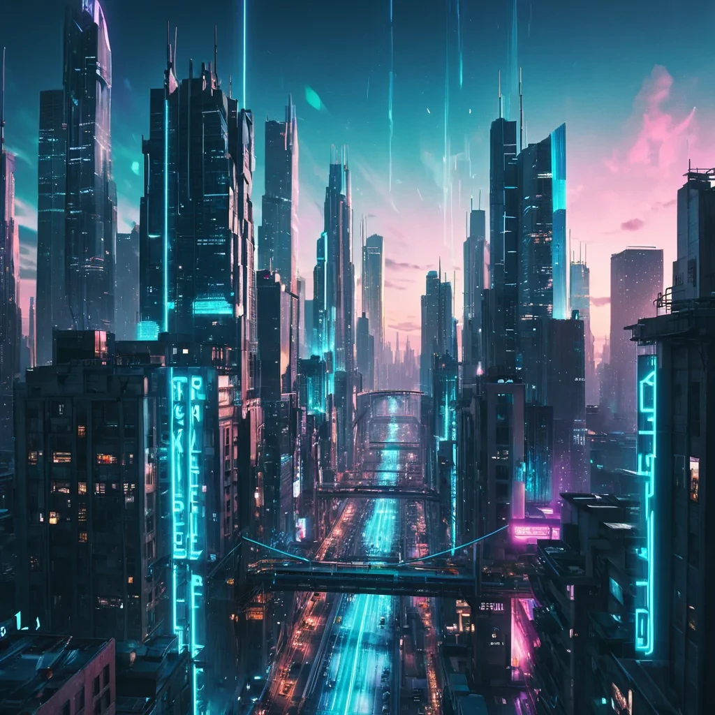 A neondrenched, vertical cityscape where buildings stretch towards the heavens, connected by translucent bridges, hyperrealistic, 4K, cinematic lighting, volumetric lighting, atmospheric effects, dynamic lighting, bokeh effect, soft focus, lens flare, neon blues and electric cyans, detailed textures.
