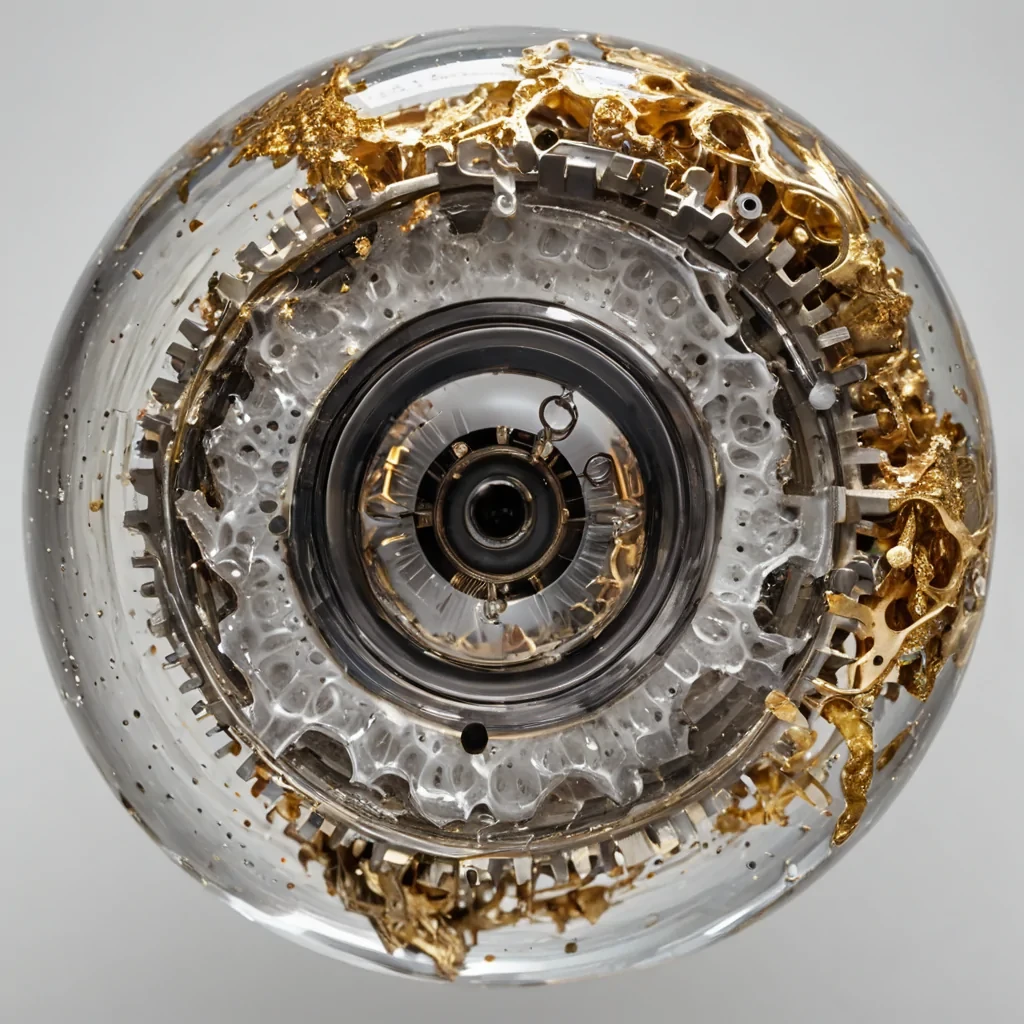A wideangle macro shot of a colossal, translucent geode cut open to reveal an intricate, clockwork mechanism made entirely of suspended liquid mercury and gold leaf, floating in zero gravity inside a minimalist white studio. The gears are not solid but composed of swirling, viscous metal droplets that shift and reform in midair, catching the light with sharp, specular highlights and deep, reflective shadows. Inside the central cavity, a single, perfectly preserved human eye, wide open and unblinking, stares outward, its iris reflecting the distorted, fluid mechanics of the surrounding metallic ecosystem. The background is a soft, outoffocus gradient of warm beige and cool gray, emphasizing the hyperreal texture of the liquid metal and the biological precision of the eye.