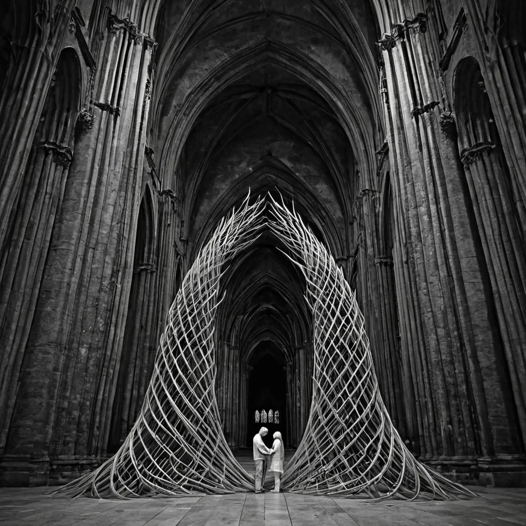 A single, selffragmenting filament of compressed twilight, shaped like a threedimensional lattice of inverted dreams and unformed breath, drifts through the center of a vast, inverted cathedral built from the solidified echoes of a civilization that communicated through the duration of synchronized, silent whispering of the same unspoken lullaby. The filament does not vibrateit unwhispers, each pulse dissolving a layer of melodic potential that never coalesced into a shared lullaby, reforming into ephemeral, moonstoneveined afterimages shaped like the negative space between two palms that never cradled the same infant in the same moment of mutual tenderness. The cathedral is not sacredit is a stratified expanse of