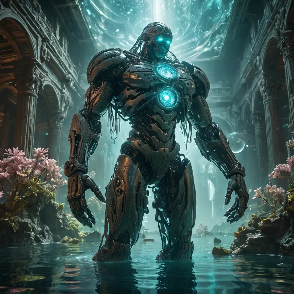 In the heart of a hyperrealistic, ancient, submerged metropolis, a colossal, dormant, mechanical titan stirs, its intricate, textured surface reflecting the dynamic, cinematic dance of bioluminescent flora. Volumetric lighting from unseen sources casts dramatic shadows, as the titans glowing, cinematic eyes scan the labyrinthine architecture. Atmospheric bubbles swirl in the soft, pastel glow, while lens flare from a distant, pulsating star accentuates the titans enigmatic, otherworldly expression.