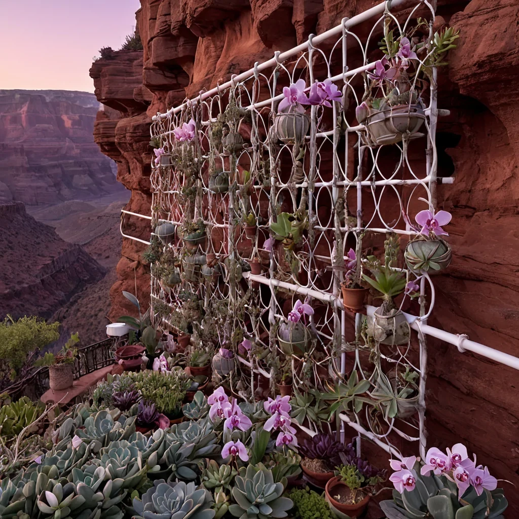 A horizontal, eyelevel wide shot of a sprawling, vertical hydroponic terrace carved into the sheer face of a crimson sandstone mesa, bathed in the soft, diffused glow of a doublemoon sunrise. The terrace is a complex lattice of white ceramic pipes and hanging planters overflowing with lush, violetleafed succulents and trailing vines of silver moss. In the center, a botanist with warm, terracottatoned skin and wearing a utility harness made of woven hemp and recycled blue plastic strips carefully prunes a cluster of glowing, translucent orchids that emit a soft, bioluminescent pink light. The background reveals a vast, arid valley below, shrouded in a thin layer of morning