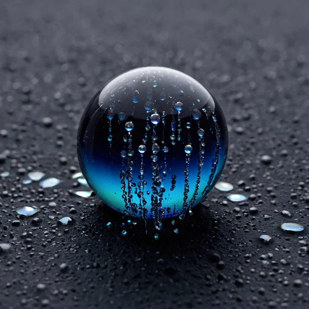 A tight, eyelevel macro photograph of a seamless, curved horizon where a field of dense, matte charcoal velvet meets a shallow pool of clear, viscous silicone oil. The oil is not still it is actively churning in slow, hypnotic swirls, carrying with it suspended, perfectly spherical beads of frozen, crystallized starlight that emit a soft, cool white luminescence. Emerging vertically from the center of the oil pool is a single, slender stalk of polished, brushed titanium, capped with a delicate, intricate cluster of translucent, geometric glass beads that refract the light into tiny, rainbow prisms. The background is a seamless, deep indigo gradient, creating a sense of infinite depth. The lighting is soft and diffuse,