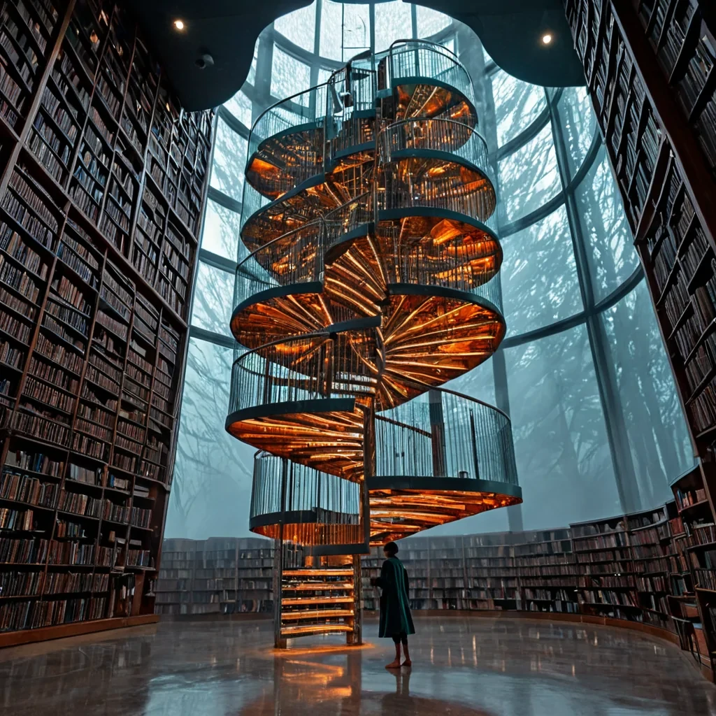 A vertical, lowangle medium shot of a colossal, suspended library constructed from translucent, honeycombpatterned bioresin and warm, reclaimed mahogany, floating amidst a dense, lowhanging sea of silver fog in a valley of jagged, metallic peaks. The structure is held aloft by massive, silent electromagnetic fields that distort the light around its base into shimmering, prismatic rings. Inside, the spiral staircase is lined with books bound in iridescent, scalelike material that shift from deep teal to burnt orange as they absorb ambient light. A lone librarian, wearing a tailored, charcoalgrey coat with integrated fiberoptic threads that glow softly, walks barefoot across the polished floor, reaching for a floating, holographic index card