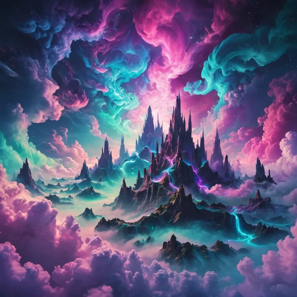 A surreal fantasy background filled with vibrant, swirling vape clouds in iridescent neon colors  purples, blues, pinks, and greens  forming dreamy shapes like dragons, galaxies, and floating islands. The scene should be psychedelic and otherworldly, with a glowing, mystical atmosphere. Include faint starlight in the background, subtle fractal patterns within the clouds, and soft light rays filtering through the haze. The overall vibe should be hypnotic, imaginative, and immersive  perfect as a backdrop for fantasy or vaporwaveinspired visuals