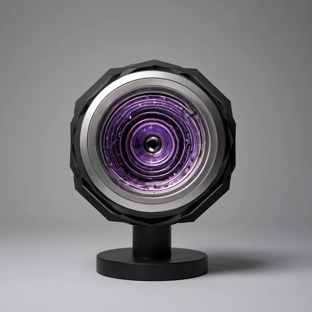 An isometric, cutaway view of a compact, selfsustaining atmospheric engine resting on a pedestal of brushed titanium in a sterile, white void. The device is composed of concentric, nested rings of matte black ceramic that rotate in opposing directions, generating a visible, lowfrequency standing wave of violet static air in the central cavity. Suspended within this turbulent core are thousands of microscopic, geometric prisms made of clear, rigid glass, each refracting the violet light into sharp, spectral bands that project outward like a holographic data stream. The exterior shell features a complex, hexagonal texture that appears to be breathing, with subtle indentations shifting rhythmically. The lighting is clinical and cool, with soft, diffused shadows emphasizing the precision