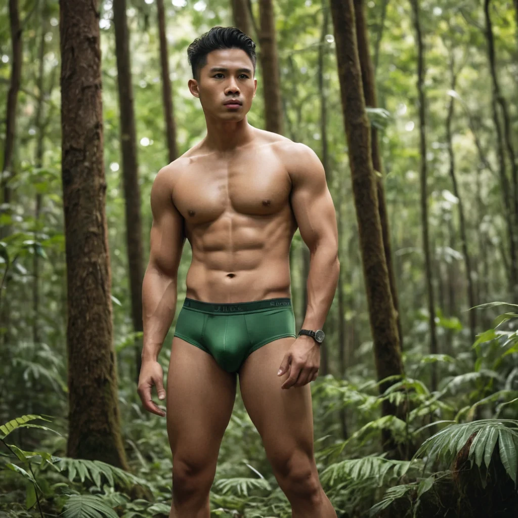 Create a realistic photo of a handsome filipino man, with barbers hair style. A man is only wearing fitted green underwear showing his bulge, well toned physique, light fair skin. His one hand was inside his brief. The man is standing in the middle of the forest with tall trees.
