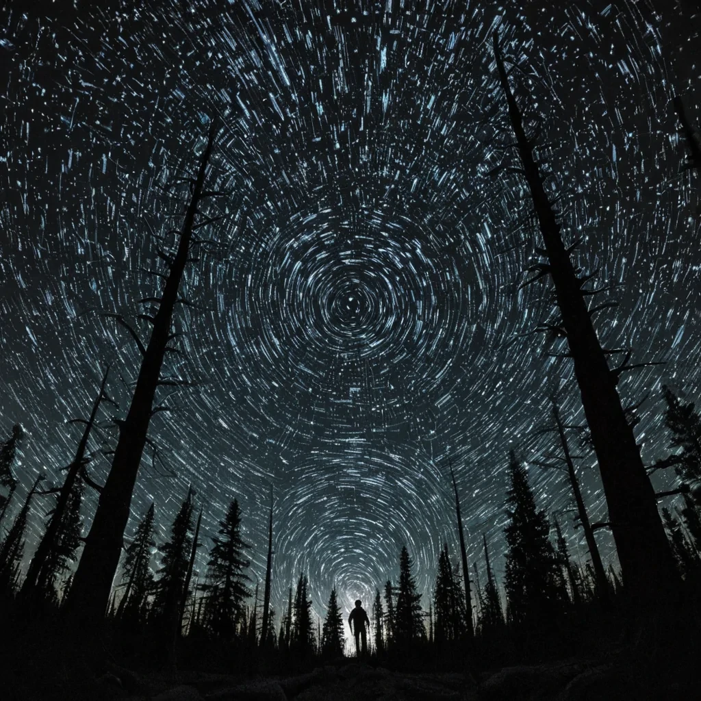 A single, selfigniting filament of liquid starlight, shaped like a fractal vine of inverted galactic rotation, thrums at the center of a vast, inverted forest composed of compressed, unblown constellations from a civilization that communicated through the duration of synchronized, silent gazing into the same unformed night. The filament does not burnit unforms, each pulse dissolving a layer of stellar potential that never coalesced into a shared sky, reforming into ephemeral, topazveined afterimages shaped like the negative space between two eyes that never held the same darkness in the same moment of mutual wonder. The forest is not botanicalit is a stratified expanse of petrified void, each tree