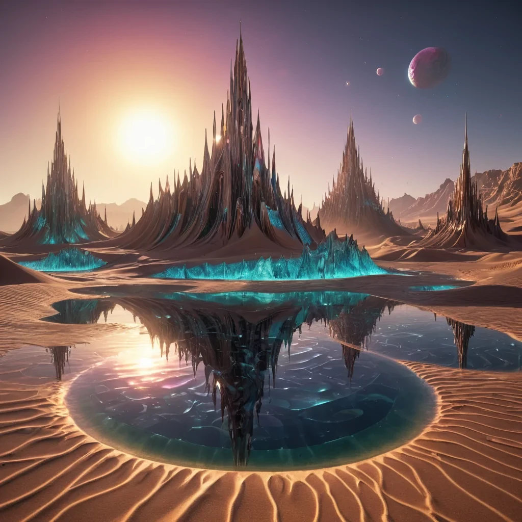 A hyperrealistic, 4K, ultra HD depiction of a shimmering, crystalline desert oasis, its iridescent dunes and towering, prismlike spires etched in intricate, fractal patterns. Volumetric lighting from a distant, pulsating, alien sun bathes the scene in a mesmerizing symphony of vibrant, prismatic hues. Cinematic lighting accentuates the oasiss central, radiant, luminescent spring, its rippling, liquid surface casting ethereal reflections on the surrounding, geometric structures. Photorealistic, fractal, zerogravity water formations unfurl in a surreal dance, creating an otherworldly, aquatic ballet.