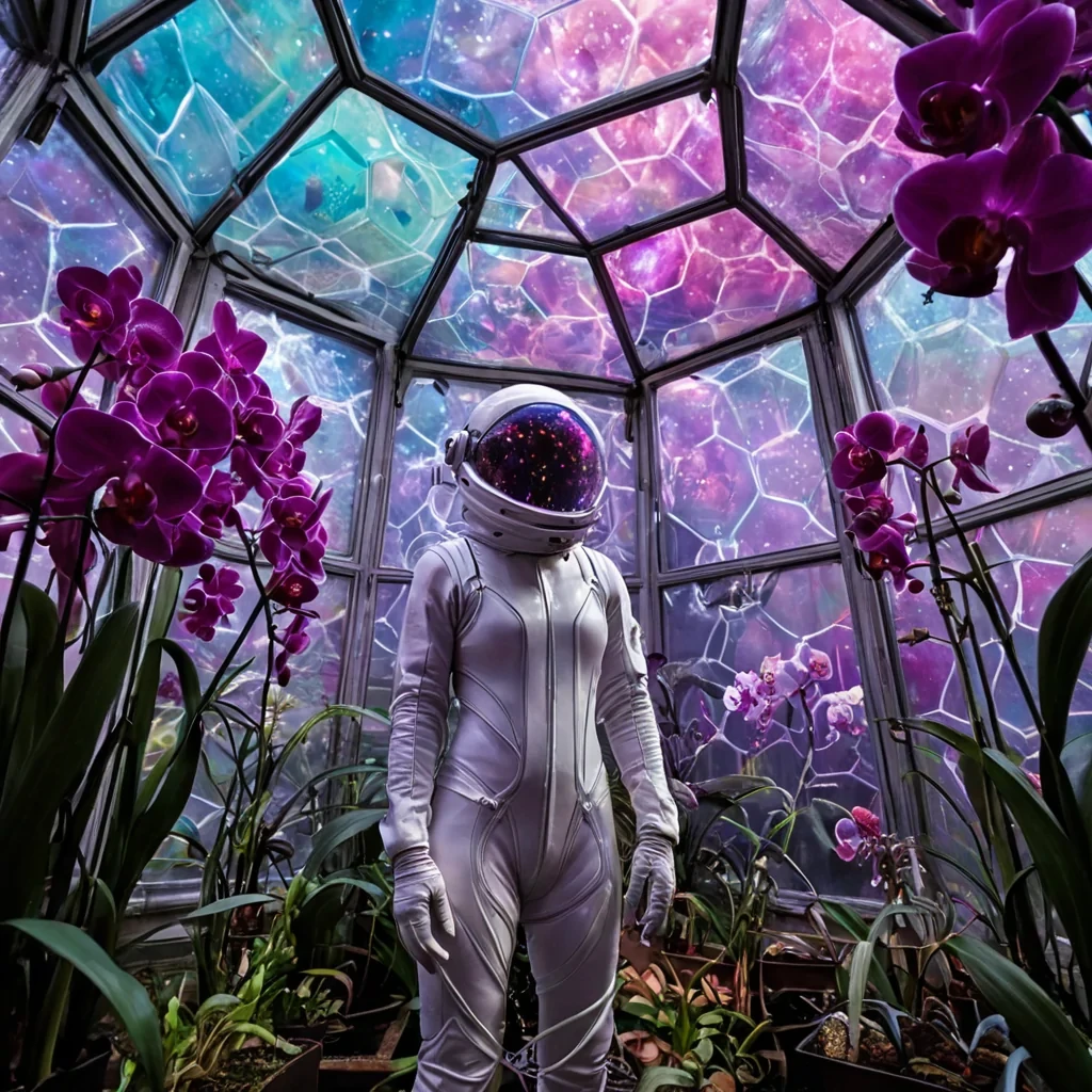 A horizontal, eyelevel medium shot of a surreal, zerogravity greenhouse constructed from hexagonal panes of frosted glass, floating amidst the swirling, multicolored gas clouds of Jupiter. Inside, massive, translucent orchids with petals made of woven fiberoptic cables bloom in vibrant magenta, electric blue, and neon green, their roots dangling freely in the air and trailing long, glistening strands of condensation. The lighting is a soft, diffused mix of external ambient light from the planets bands and internal warm LED strips embedded in the glass frames, creating a dreamlike, ethereal atmosphere. In the foreground, a botanist wearing a sleek, white pressure suit with a clear, bubblelike helmet gently touches one of the