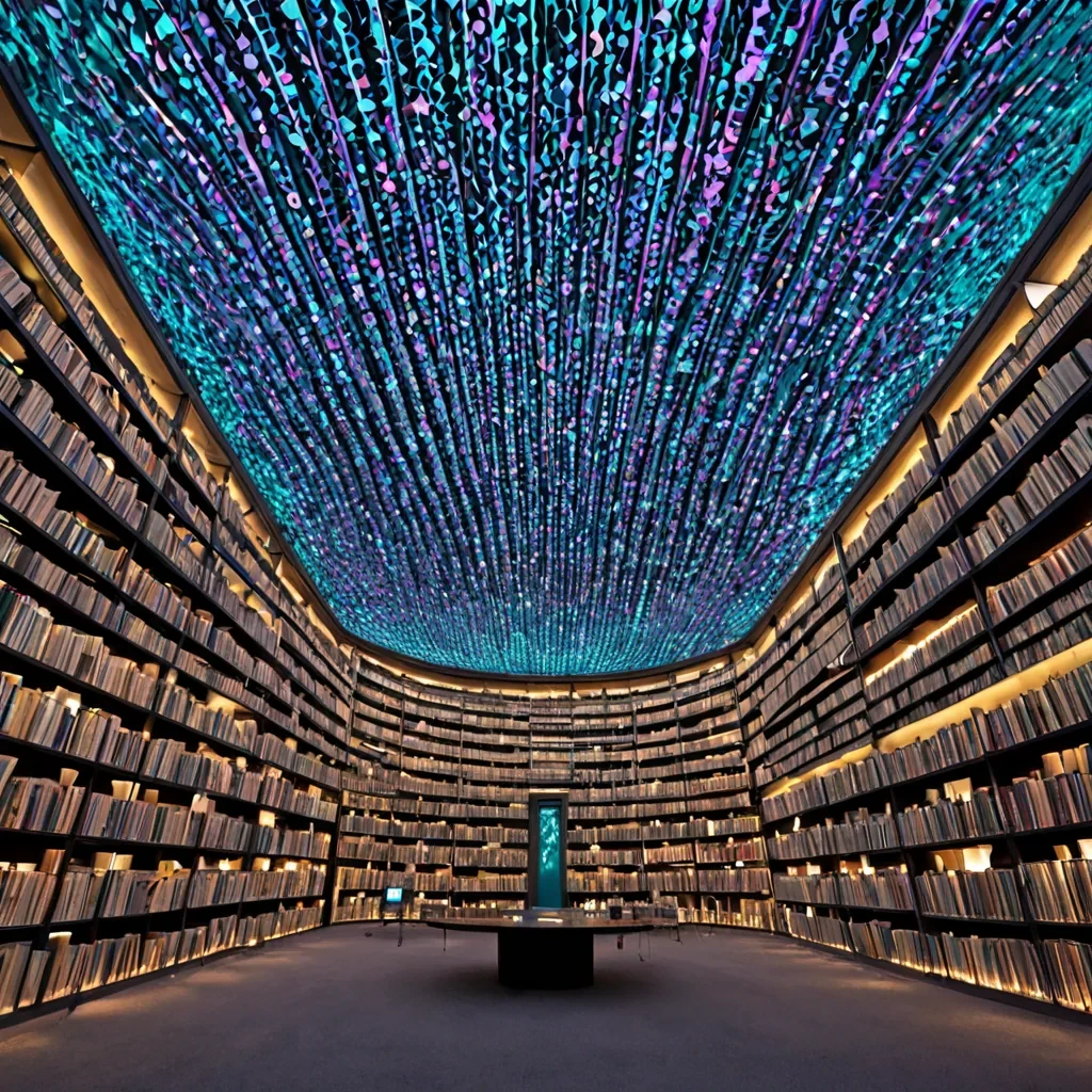 A wideangle, panoramic view of a vast, openair library constructed entirely from translucent, rigid sheets of frozen sound waves, arranged in concentric, spiraling tiers that ascend into a hazy, twilight sky. The pages are not paper but solidified, iridescent ribbons of sonic energy, each frozen in a specific frequency that shimmers with shifting hues of teal, violet, and pale gold. Floating within the negative space between these sonic ribbons are hundreds of small, spherical, matte black orbs, each containing a single, rotating, holographic projection of a different geometric shapetetrahedrons, octahedrons, and complex polyhedrathat cast sharp, prismatic shadows onto the lower tiers. The ground