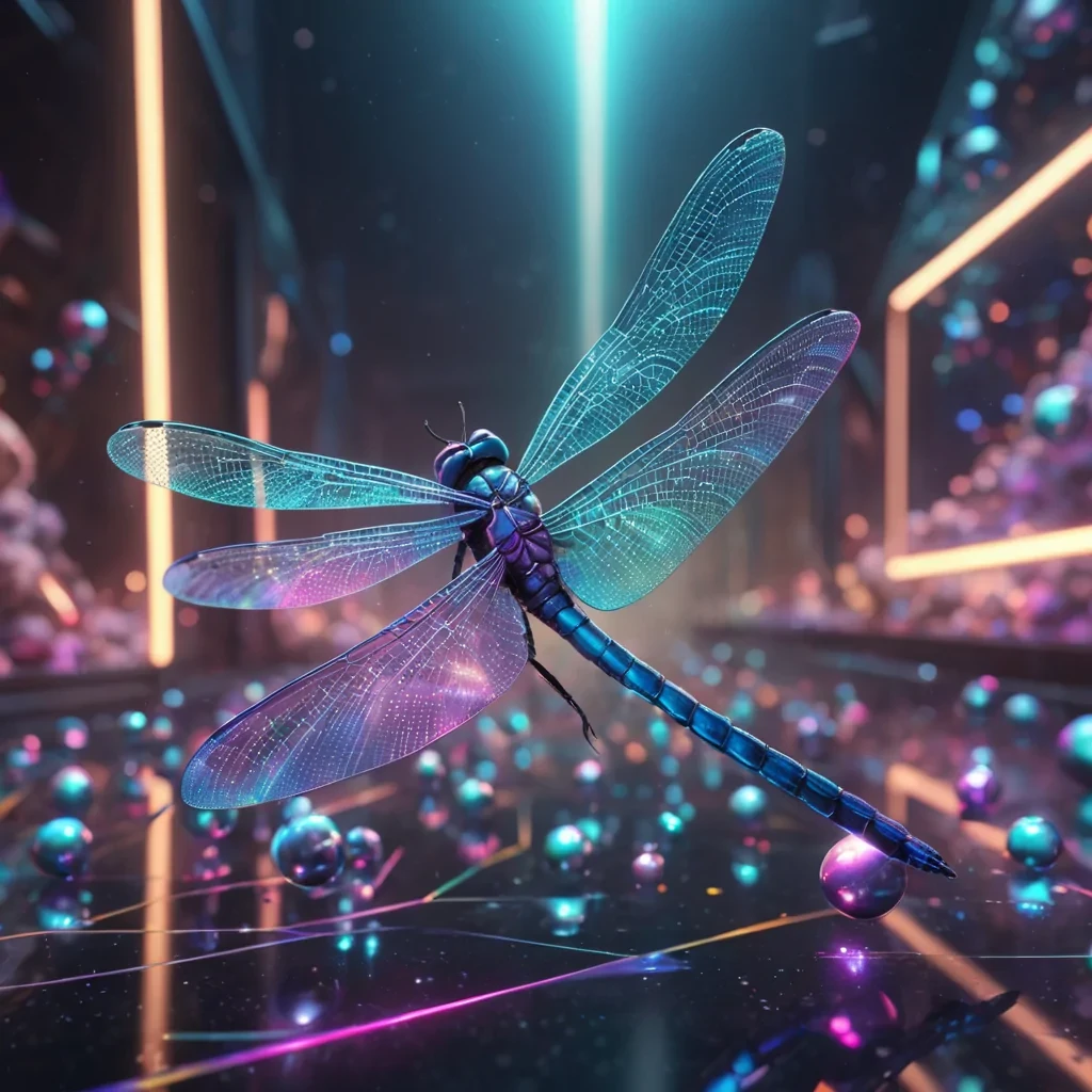 Hyperrealistic neon dragonfly with iridescent wings, gracefully dancing through a floating, geometric prism of reflective, swirling pastel spheres, dynamic lighting with volumetric beams, soft focus on its delicate, luminescent body, vibrant colors, 4K resolution, lens flare shimmering around its ethereal form in a surreal, futuristic cyber sanctuary.