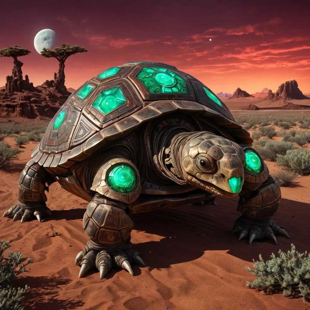 A colossal, ancient, mechanical tortoise, its metallic shell adorned with intricate, glowing runes, trudges through a desolate, crimson desert. In its wake, it leaves a trail of lush, verdant flora, blooming from the scorched earth. The tortoises eyes, two colossal, emerald orbs, reflect the distant, dual moons, casting an ethereal, otherworldly glow upon the alien landscape. Rendered in ultra HD, with dynamic lighting, atmospheric effects, and vibrant colors, evoking a sense of awe and wonder at the mechanical marvels transformative power.