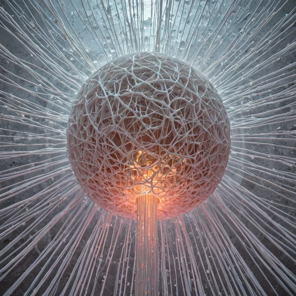 A highangle, vertical composition capturing a massive, suspended dome of woven, mattewhite mycelium structures, resembling a giant, intricate nest, floating in a sterile, white void. The dome is constructed from thousands of interlacing, rigid strands that pulse with a slow, rhythmic, soft coralpink bioluminescence. Embedded within the weblike structure are hundreds of tiny, perfectly spherical droplets of liquid gold, each one frozen in midsuspension, reflecting the pale light from below with sharp, metallic clarity. Below the dome, a single, slender column of iridescent, oilslick fluid rises vertically, piercing the bottom of the structure and dispersing into a fine, shimmering mist at the top. The