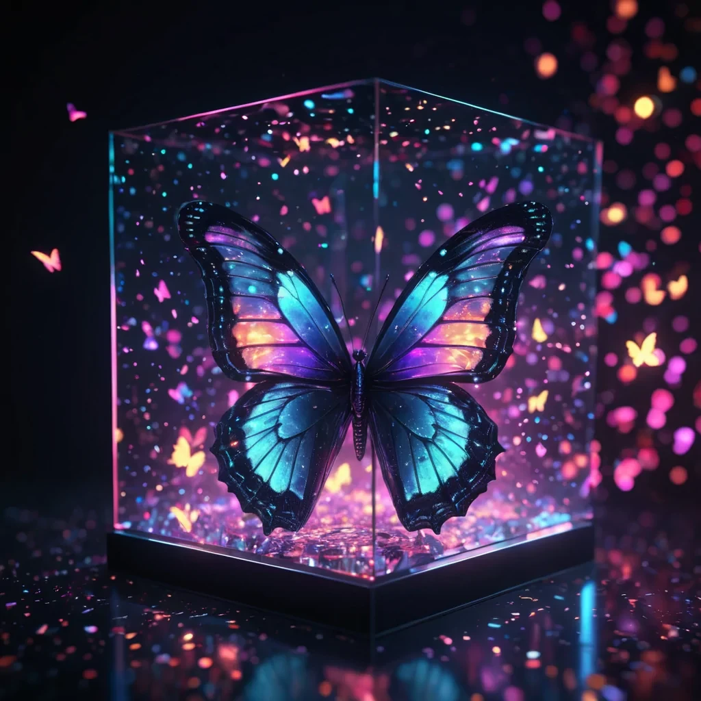 Hyperrealistic neon butterflies with reflective metallic wings fluttering in a cubic obsidian chamber filled with luminescent quantum haze, holographic particles dancing in volumetric lighting, bokeh effect, vibrant colors, 4K