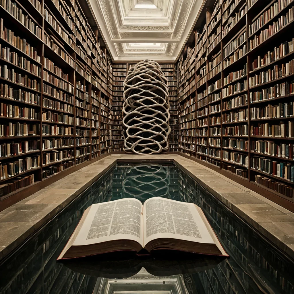 A single, selfsiphoning pool of liquefied geometry, shaped like a 37dimensional knot of inverted symmetry and unformed perspective, shimmers at the center of a vast, inverted library built from the petrified silence between words that never were written. The pool does not reflectit unreads, each ripple dissolving a layer of linguistic potential that never coalesced into a shared sentence, reforming into ephemeral, obsidianthreaded afterimages shaped like the negative space between two pages that never turned in the same moment of mutual comprehension. The library is not textualit is a stratified expanse of compressed meaninglessness, each shelf a fossilized thought suspended just before the first letter dared to align with another in the