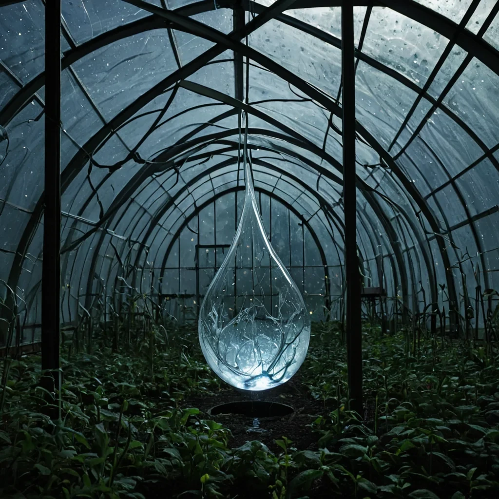 A single, selfresonating droplet of liquidized moonlight hangs suspended in the center of a vast, inverted greenhouse built from the skeletal remains of a forgotten forest, its glass not transparent but woven from the solidified echoes of a single, unplayed lullaby that vibrates at the frequency of a memory never formed. The droplet does not fallit expands outward in slow, silent waves, each ripple forming a new constellation of bioluminescent pollen that drifts like the afterimage of a breath held too long in a room that never existed. The greenhouse walls are not glassthey are layered membranes of compressed silence, each pane etched with the thermal residue of a conversation that ended before it began, their surfaces glowing faintly