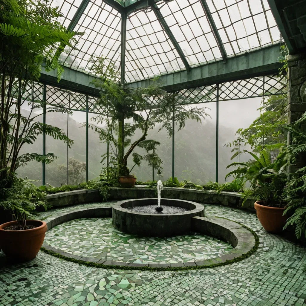 A horizontal, eyelevel wide shot of a vibrant, openair botanical conservatory constructed from interlocking terracotta tiles and weathered steel, perched on the edge of a towering limestone cliff overlooking a misty, emeraldgreen valley at dawn. The roof is a lattice of curved copper panels that oxidize to a deep verdigris, holding suspended gardens of hanging ferns and mosses in varying shades of sage, lime, and charcoal. Sunlight streams through the lattice, creating sharp, geometric patterns of light and shadow on the terrazzo floor below, which is inlaid with intricate mosaics of sea glass and polished stone. In the center, a large, circular fountain made of raw, uncut quartz ripples with clear