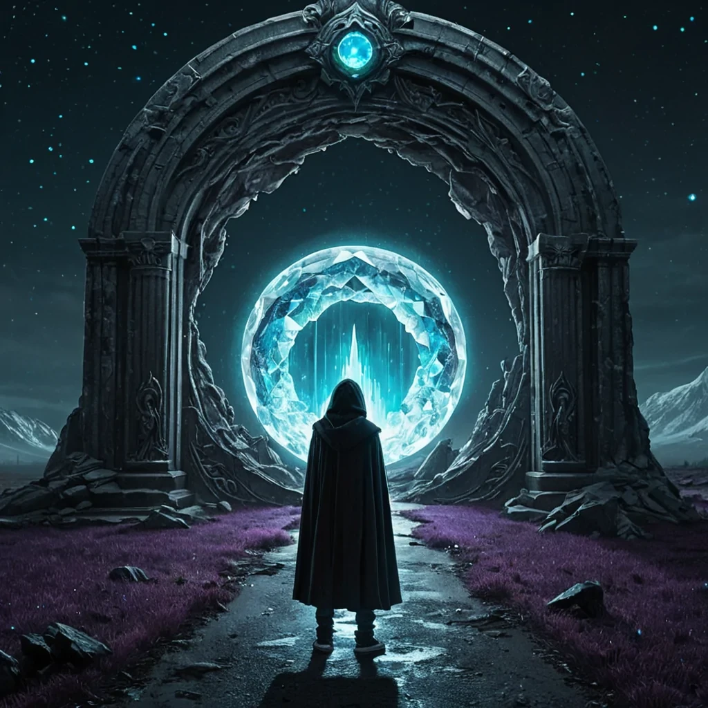 Left side Earth   A normal teenage boy standing alone.  Nighttime or rainy atmosphere.  Dark blue and gray colors.  A small forest, empty road, or abandoned field behind him.  His back is partly turned toward the viewer as he looks at the portal.  His clothes are ordinaryhoodie, jeans, sneakers.  This tells viewers Hes just a normal person.  Center  The portal should be the brightest part of the image.   A giant circular gateway made of glowing crystals.  Floating crystal shards orbiting around it.  Bright cyan, violet, and white light spilling onto both worlds.  The portal should look ancient, not like scifi technology.  Add mist and sparkling particles to make it feel magical.  The portal becomes the visual question What is on the other side?  Right side Crystal World  Instead of showing everything, reveal only part of the world.   Floating crystal mountains.  Crystal trees.  A palace carved from giant crystals in the distance.  A sky with two moons or glowing auroras.  Everything should feel elegant rather than chaotic.  This immediately communicates that its another world.  The girl  Dont make her look like a princess. Make her look important but mysterious.   Silver or white hair or whichever fits your story.  Long dark cloak with subtle crystal details.  Standing with her back mostly toward the viewer.  Looking at the boy through the portal.  One hand almost reaching toward him. Hidden detail  Near the girl, place two armored soldiers in the background. Not the focusjust silhouettes. Colors   Earth gray, black, muted blue.  Portal glowing cyan and violet.  Crystal World bright blue, purple, silver, and white.