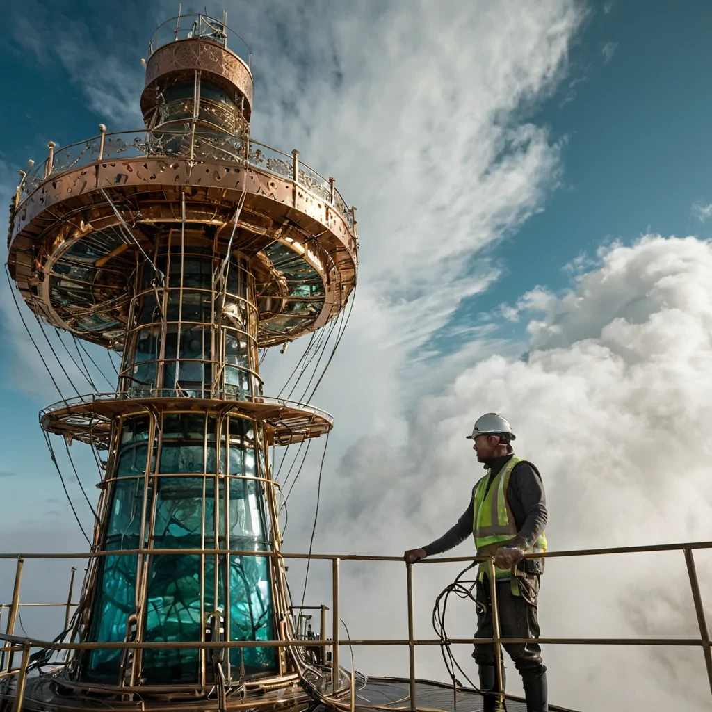 A horizontal, eyelevel wide shot of a vertical, spiraling wind tower constructed from interlocking rings of polished, iridescent abalone shell, situated in a highaltitude, clouddrenched plateau where the air is thick with swirling, cottonwhite mist. The towers surface is etched with intricate, golden brass filigree that catches the soft, diffused sunlight filtering through the clouds, creating a play of warm amber and cool teal reflections. In the foreground, a wind engineer with sunweathered skin and wearing a sleeveless, highneck tunic of woven, translucent synthetic fibers and leather straps carefully adjusts a complex array of copper gears and tension cables on an external maintenance platform. The platform itself is a hexagonal grid of