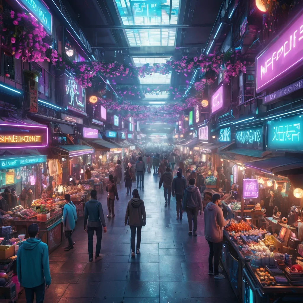 A bustling, neonlit cybernetic marketplace filled with holographic vendors, robotic patrons, and levitating, iridescent market stalls, hyperrealistic, 8K, cinematic lighting, volumetric lighting, atmospheric effects, dynamic lighting, bokeh effect, soft focus, lens flare, vibrant colors, detailed textures.