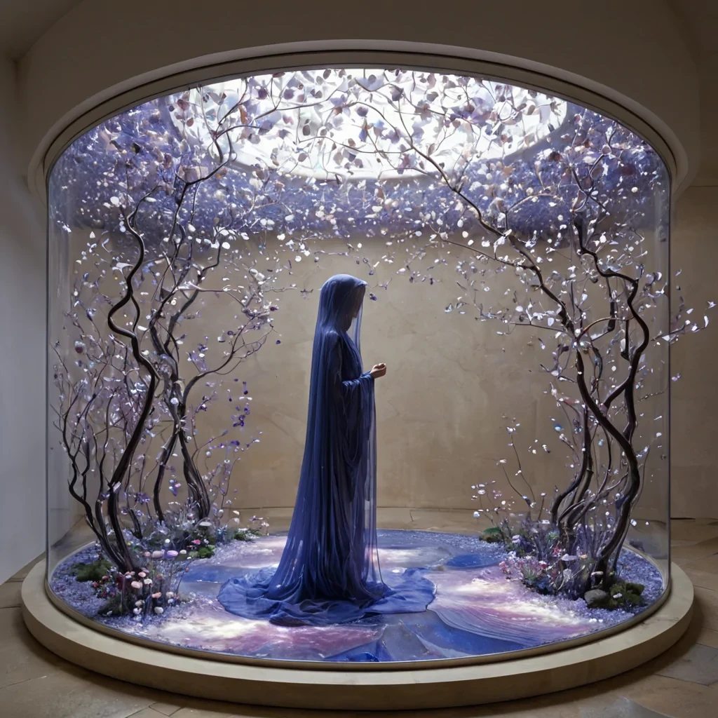 A horizontal, eyelevel medium shot of a tranquil, indoor sanctuary where the architecture consists of sweeping, organic curves formed from compressed layers of iridescent motherofpearl and soft, mosscovered stone. The floor is a seamless expanse of polished, deep blue lapis lazuli that reflects the diffused, ethereal light filtering through a ceiling made of stretched, translucent silk veils. In the center, a figure dressed in a flowing, asymmetrical robe crafted from shimmering, liquidmetal fabric that ripples like water stands holding a delicate, open frame made of slender, white porcelain branches. Within the frame, a miniature, floating garden of translucent, glassblown flowers in shades of pale pink and violet hovers in midair,