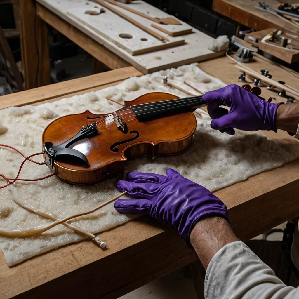A horizontal, eyelevel closeup of a solitary luthiers workshop interior where the walls are upholstered in rich, dark violet velvet that absorbs ambient sound. The workbench is a slab of raw, fossilized coral, its porous surface holding a violin under construction that features a body carved from a single piece of translucent, amberhued resin with visible internal wood grain. Instead of traditional strings, the instrument is strung with thin, vibrating filaments of solidified electric current that glow with a soft, pulsating white light. In the foreground, a pair of hands wearing gloves made of supple, creamcolored deerskin gently adjusts the bridge, while floating in the air around them are tiny, spherical dust motes that resemble miniature