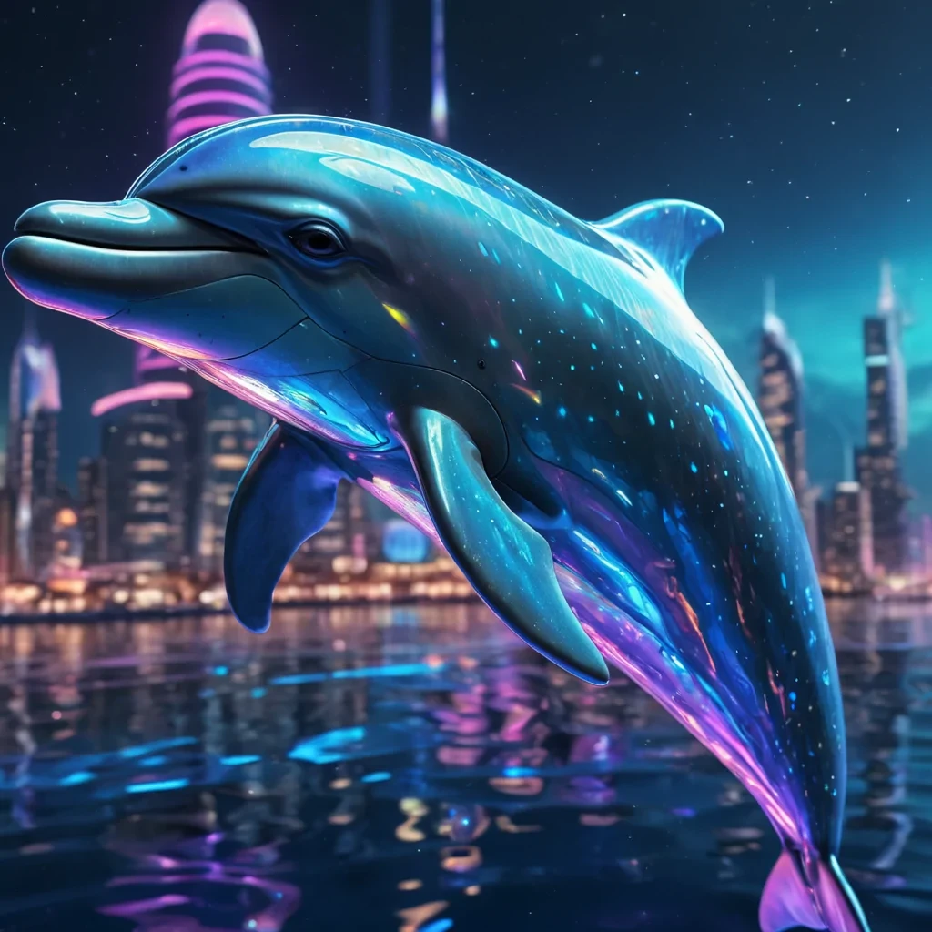 A hyperrealistic, 4K, ultra HD portrait of a sleek, cybernetic dolphin, its iridescent skin shimmering with holographic scales. The dolphins eyes, a deep, oceanic blue, glow with an inner light, and its dorsal fin pulses with a soft, bioluminescent glow. The background is a vast, futuristic underwater city, with sleek, neonlit buildings and floating vehicles casting a kaleidoscope of colors. Cinematic lighting from a distant, pulsating energy core accentuates the dolphins otherworldly features, while a soft focus blurs the hightech aquatic surroundings, creating a dreamlike atmosphere.
