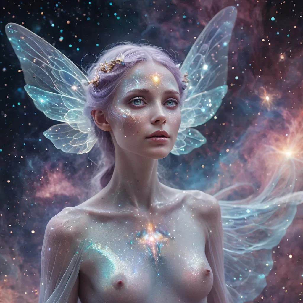 A hyperrealistic, 4K, ultra HD portrait of a mysterious, ethereal being with opalescent skin and eyes that shimmer like starlight. The beings iridescent, gossamer wings flutter gently, leaving trails of stardust in their wake. The background is a nebula of swirling, pastel hues, with distant galaxies and planets casting a soft, ethereal glow. Cinematic lighting accentuates the beings otherworldly features, while a subtle bokeh effect blurs the cosmic backdrop, creating a dreamlike atmosphere.