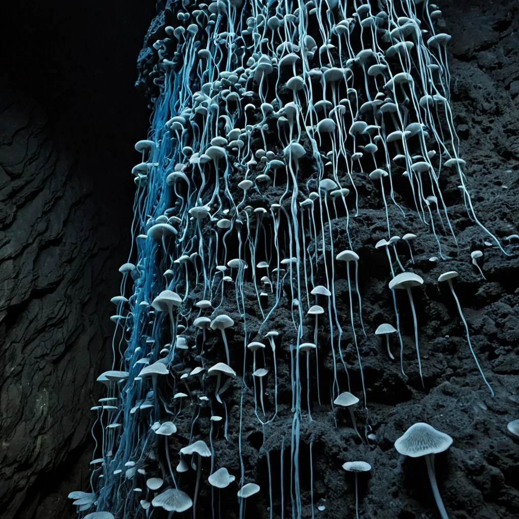 A lowangle, macro shot of a sprawling, organic network of thick, bioluminescent fungal strands growing vertically up the sheer side of a massive, suspended basalt column in a dark, humid cavern. The fungi are not the typical mycelial white but a deep, electric indigo that pulses with a slow, rhythmic heartbeat, emitting faint, cool mist from their porous, spongy texture. Interspersed among the fungal growths are hundreds of tiny, hollow, porcelain shells, each perfectly preserved and arranged in a precise, spiraling lattice that clings to the rock. Inside each shell, a single, suspended drop of golden oil floats, defying gravity, catching the faint indigo glow and refracting it into