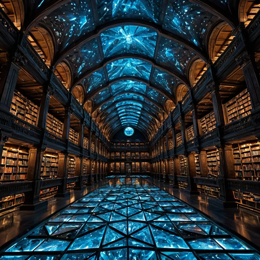 A horizontal, extreme wideangle shot of a colossal, subterranean library carved into the hollow interior of a giant, geodelike crystal cavern, where the walls are lined with shelves made of translucent, glowing quartz that emit a soft, cool blue light. The floor is a polished mirror of black obsidian, reflecting the intricate, fractal patterns of the crystal ceiling above. Suspended in the center of the vast hall is a massive, intricate mobile composed of thousands of delicate, floating geometric shapes made from brushed titanium and iridescent motherofpearl, slowly rotating in the still air. Scattered across the reflective floor are dozens of open books with pages made of thin, flexible solar panels that pulse with a warm, amber glow,