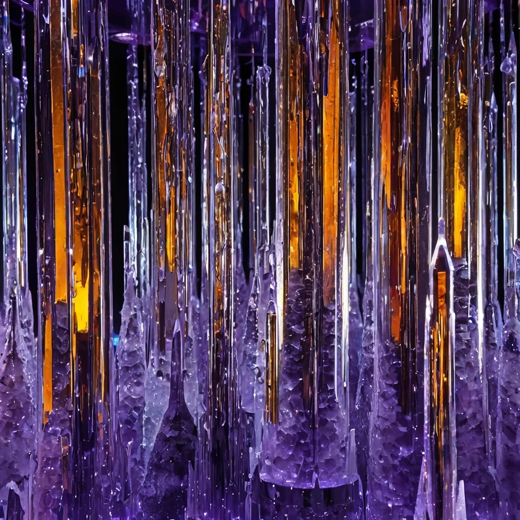 A horizontal, macro shot of a dense, vertical forest of crystallized sound waves suspended in a vacuum chamber, where the trees are not organic but towering, helical spirals of frozen, resonating glass in varying hues of amber, cobalt, and violet, each structure vibrating at a distinct frequency that creates visible, rippling heat haze around their tips. The floor is a seamless, reflective sheet of liquid mercury that mirrors the inverted, colorful chaos of the crystal spires above. Floating between the structures are tiny, autonomous drones made of polished chrome and soft, glowing rubber, collecting microsamples of the sonic energy. The lighting is stark and clinical, with sharp, white spotlights directed from the sides to accentuate the refractive