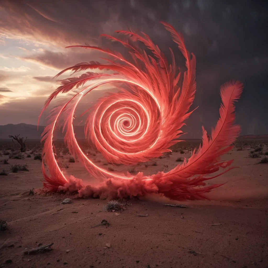 Crimson Vortex A hyperrealistic, Ultra HD tornado of crimson, bioluminescent feathers spirals through a desolate, cinematic desert landscape, casting intricate, dynamic shadows across the alien, monochromatic terrain. The feathers vibrant, pastel glow illuminates the swirling, atmospheric effects of the sandstorm, creating a soft, ethereal bokeh effect that dances with the scenes lens flare, as the rhythmic, atmospheric calls of unseen creatures echo through the thin, atmospheric air.