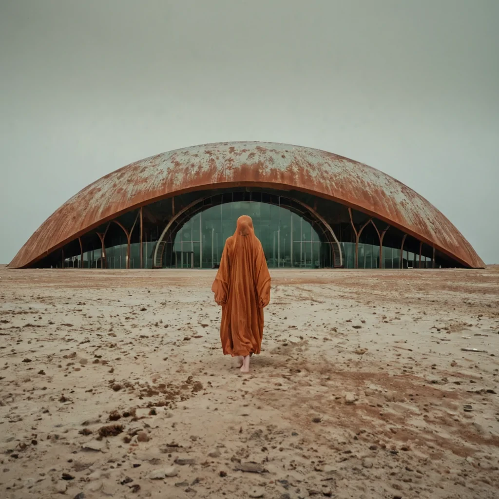 A horizontal, eyelevel wide shot of a vast, arid wasteland composed entirely of compacted, oxidized copper dust in hues of rust orange and verdigris green, under a pale, overcast sky. In the center stands a colossal, monolithic structure resembling a giant, hollowedout seashell made of smooth, white ceramic, its interior illuminated by a soft, diffused glow of warm amber light. Surrounding the structure are hundreds of smaller, domeshaped pavilions constructed from translucent, frosted glass panels that ripple like water when touched by the wind. In the foreground, a figure wearing a flowing, floorlength robe made of layered, translucent silk in shades of cream and gold stands barefoot on the dusty ground