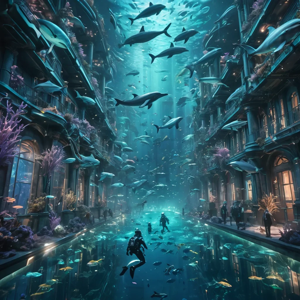 A vast, underwater metropolis illuminated by bioluminescent plants and roaming schools of iridescent fish, where humans in futuristic diving gear swim alongside mechanical dolphins, hyperrealistic, ultra HD, cinematic lighting, volumetric lighting, atmospheric effects, soft focus, pastel tones, detailed textures.