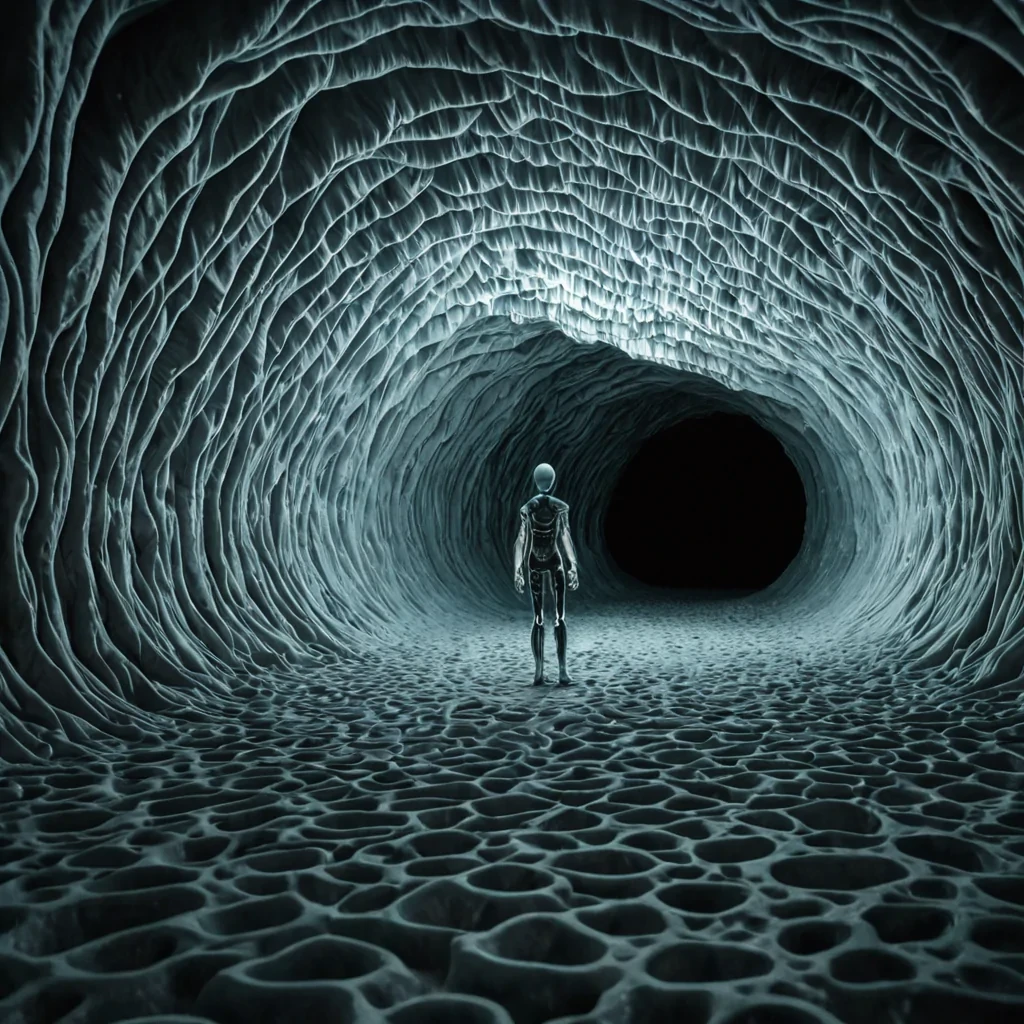 A hyperrealistic, wideangle cinematic shot of a vast, subterranean cavern illuminated by a soft, diffuse bioluminescent glow emanating from millions of suspended, translucent jellyfishlike organisms that drift in a slow, synchronized wave pattern across the ceiling. The cavern walls are not rock, but a seamless, continuous surface of compressed, matte white ash that has been sculpted into intricate, fractal spiral grooves, creating a texture that absorbs the light into deep, velvety shadows. In the foreground, a lone, slender figure clad in a sleek, modular exosuit made of articulated, pale grey ceramic plates stands on a narrow, floating bridge of solidified amber resin. The bridge stretches into the distance, curving gently