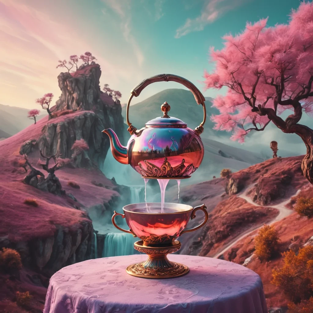 A hyperstylized, 4K portrait of a whimsical, levitating tea kettle pouring steaming, luminescent liquid into an ornate, floating teacup, set against a surreal, pasteltoned landscape of undulating hills and twisted, candycolored trees, with cinematic lighting casting dramatic shadows and vibrant, otherworldly colors illuminating the fantastical scene.