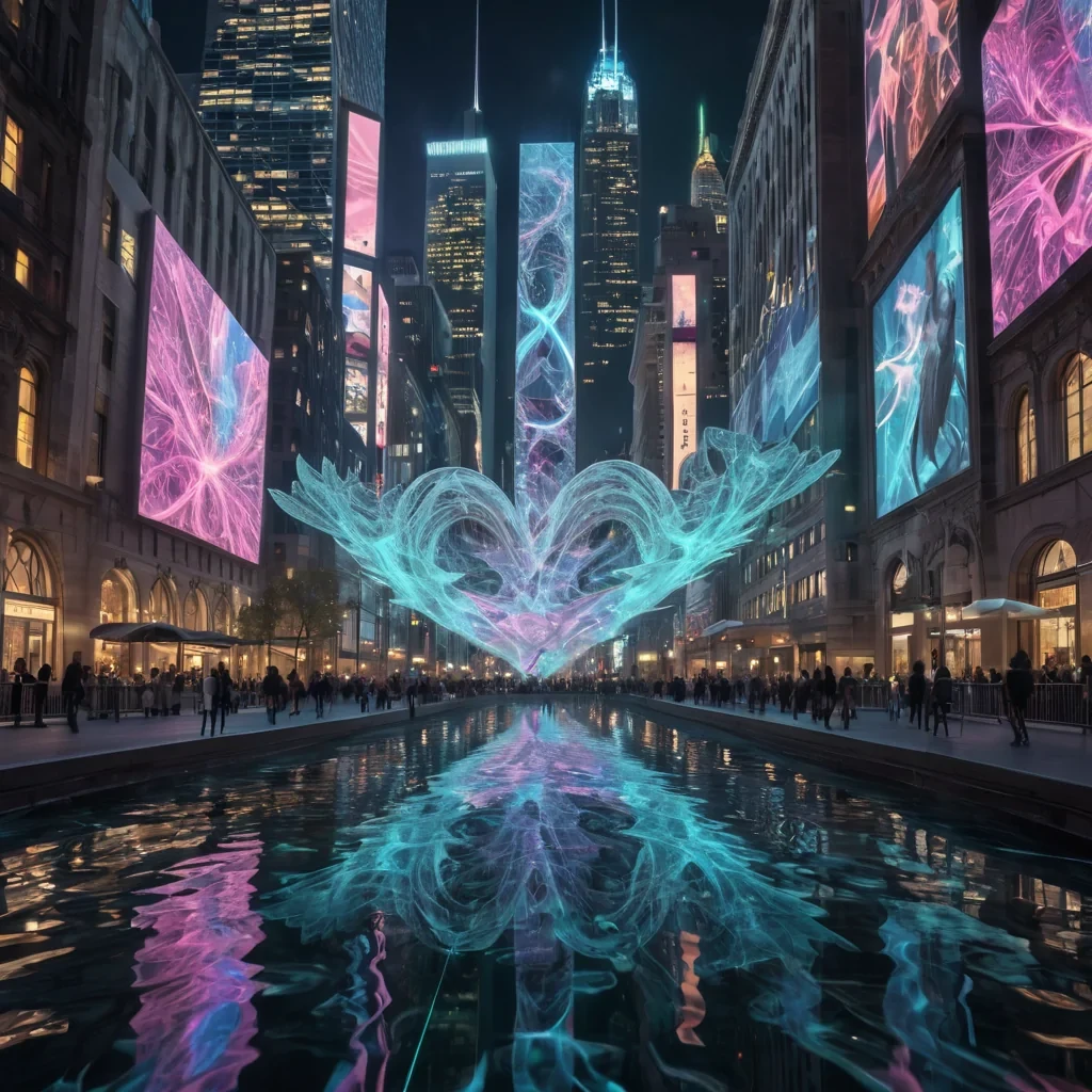 A hyperrealistic, 4K, ultra HD depiction of a futuristic, neondrenched metropolis at night. The citys towering skyscrapers are adorned with dynamic, holographic billboards displaying abstract, fractal patterns that shimmer in a kaleidoscope of vibrant colors. Volumetric lighting from the pulsating neon signs casts a mesmerizing glow on the bustling crowd of diverse, augmented reality pedestrians, each with iridescent, cybernetic enhancements and bioluminescent circuitry. Photorealistic, fractal, zerogravity water formations dance in a surreal ballet above the crystalline canals, their gentle movements casting ethereal ripples across the citys central, luminescent pool. In the heart of the met