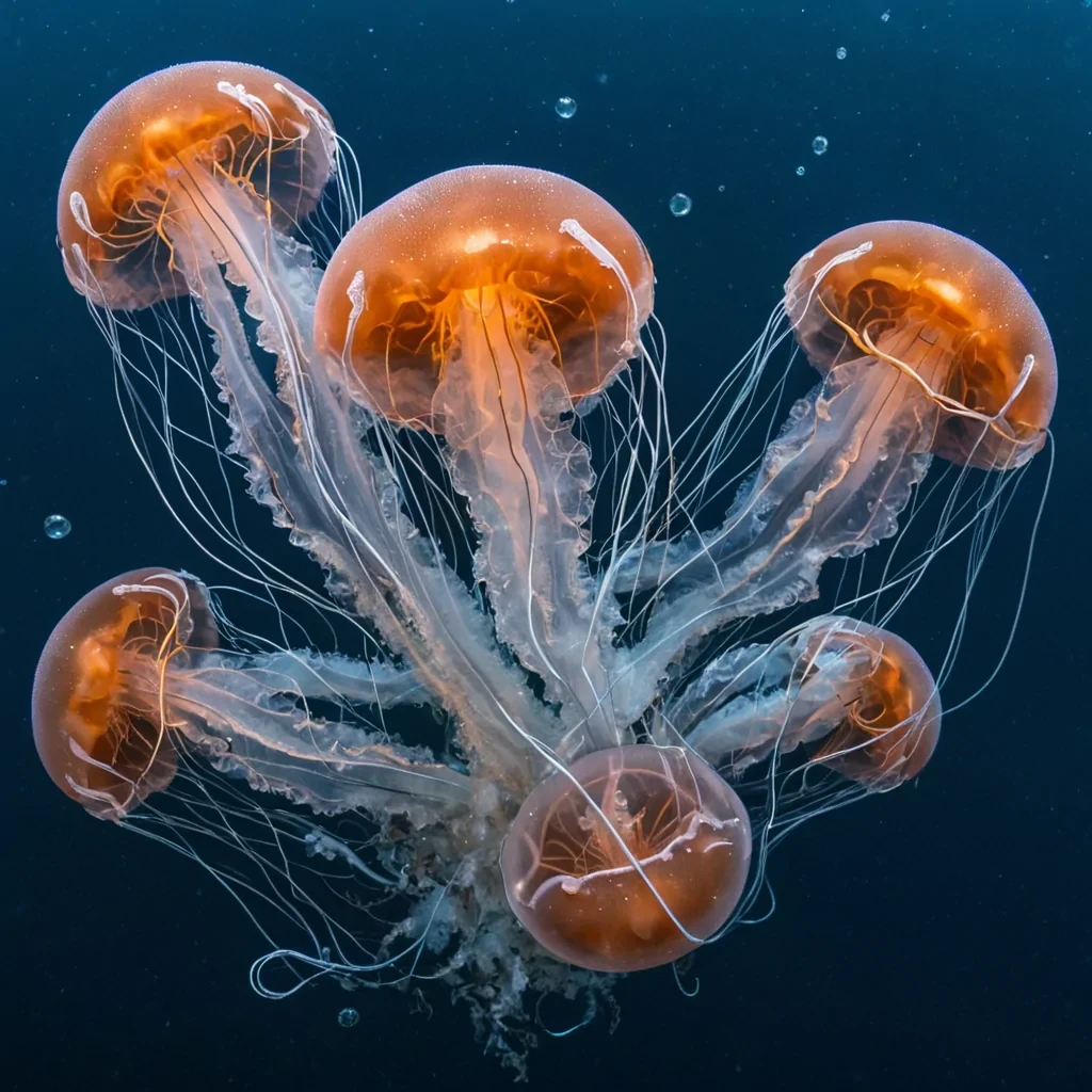 A highangle, topdown view of a dense, circular formation of giant, translucent jellyfish drifting through a deep, twilightblue ocean trench. The bell of each jellyfish is composed of layered, frosted white quartz, with intricate, veinlike patterns of glowing neon orange bioluminescent fluid pulsing within the glass. The tentacles are not thin strands but thick, coiled bundles of iridescent, metallic copper wire, each strand wound tightly and capped with small, floating orbs of liquid mercury that catch the dim light from below. The surrounding water is thick with a fine, snowlike precipitation of crushed, pearlescent shell fragments that drift slowly upward, defying gravity. A single, massive, vertical shaft of cold, blue