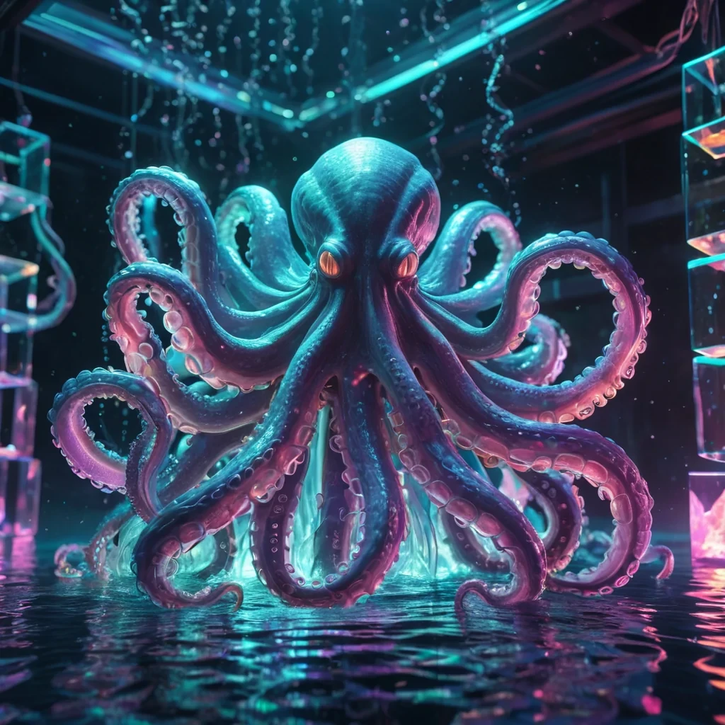 Hyperrealistic neon kraken with iridescent tentacles, gracefully weaving through a floating, geometric web of reflective, swirling pastel cubes, dynamic lighting with volumetric beams, soft focus on its ethereal, luminescent form, vibrant colors, 4K resolution, lens flare shimmering around its mystical presence in a surreal, futuristic underwater sanctuary.