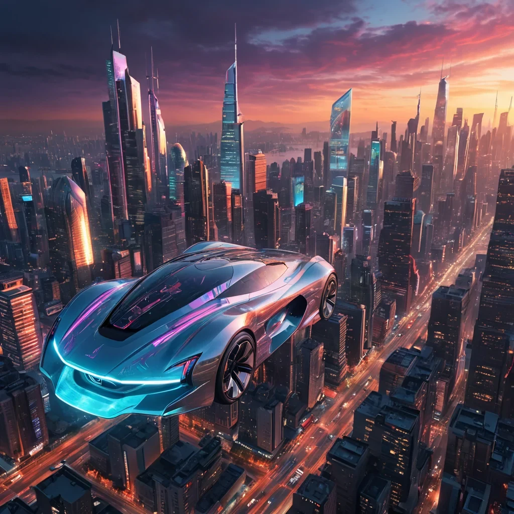 A hyperrealistic, 4K, ultra HD depiction of a futuristic, neonlit metropolis at dusk. The citys sleek, metallic skyscrapers are adorned with intricate, holographic displays that shimmer in the vibrant, prismatic hues of the setting sun. Volumetric lighting from the citys pulsating, neon signs casts a mesmerizing, dynamic glow on the surrounding, geometric structures. In the foreground, a sleek, aerodynamic vehicle glides silently through the air, its transparent canopy offering a panoramic view of the city below. The scene is filled with an otherworldly, serene atmosphere, enhanced by the gentle, rhythmic movement of the citys holographic advertisements.
