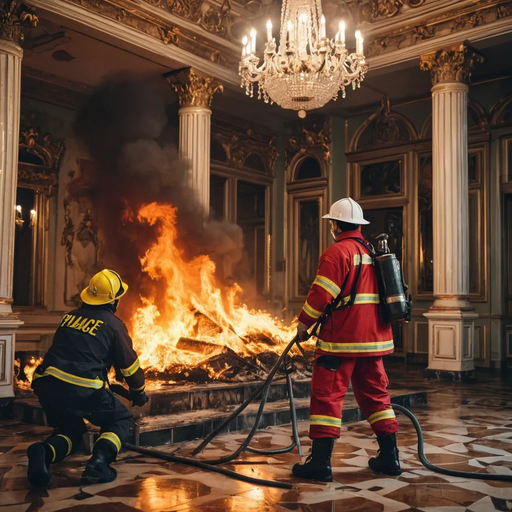 Firemen put out a fire in the palace. The handsome king is helping.