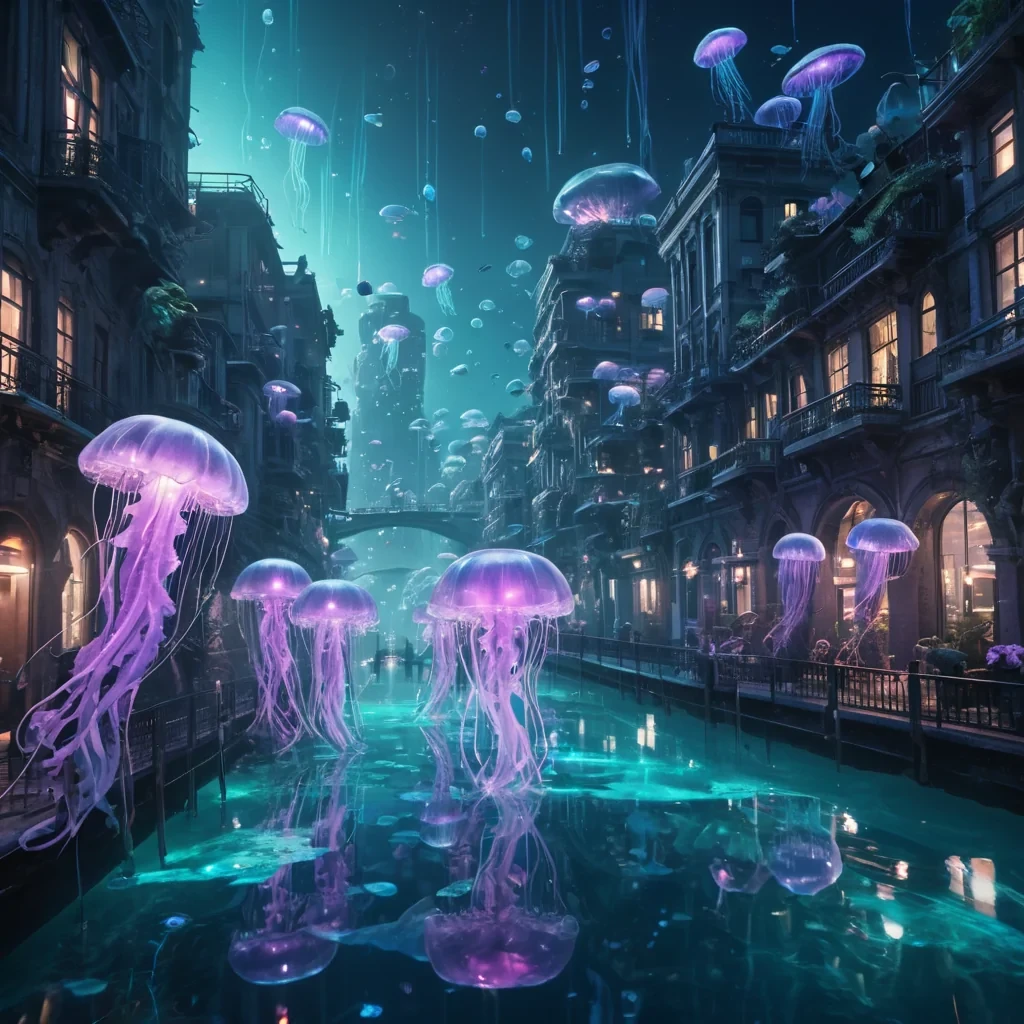 A vast, underwater metropolis illuminated by bioluminescent flora, where inhabitants ride luminescent jellyfish through crystalclear canals, hyperrealistic, 8K, cinematic lighting, volumetric lighting, atmospheric effects, dynamic lighting, bokeh effect, soft focus, lens flare, pastel blues and purples, detailed textures.
