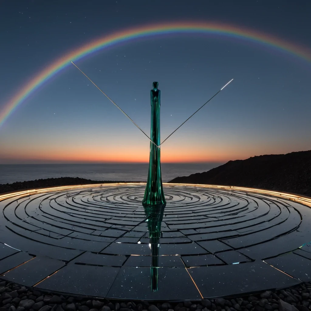 A horizontal, eyelevel wide shot of a colossal, openair theater constructed from seamless, curved sheets of brushed titanium, set upon a floating platform of black volcanic rock suspended over a calm, mirrorlike sea of liquid mercury. The stage is empty, save for a single, towering sculpture made of interlocking geometric rings of iridescent glass that rotates slowly, casting fractured rainbows across the metallic floor. In the foreground, a silent conductor with skin resembling polished pewter and wearing a long, flowing coat of deep emerald velvet stands with their back to the viewer, holding a baton that emits a thin, precise beam of white laser light. The sky above is a gradient of twilight indigo and soft peach, dotted with distant, stationary stars