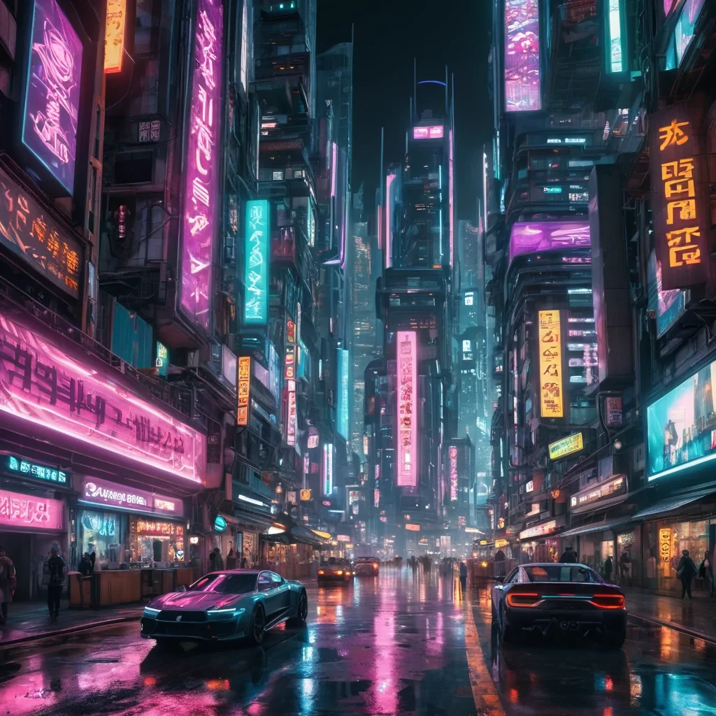 A hyperrealistic, 4K, ultra HD depiction of a cyberpunk metropolis at night, its towering, neonlit skyscrapers adorned with dynamic, holographic advertisements. The streets below are a kaleidoscope of movement, with sleek, hover vehicles weaving through the air, their lights leaving trails in the smoky atmosphere. Volumetric lighting from the citys pulsating neon signs casts intricate, geometric shadows on the wet, glistening streets. In the foreground, a futuristic marketplace thrives, its stalls illuminated by soft, pasteltoned lanterns, creating a warm contrast to the cold, metallic cityscape. Photorealistic, fractal patterns adorn the buildings, creating an intricate, mesmerizing visual texture.