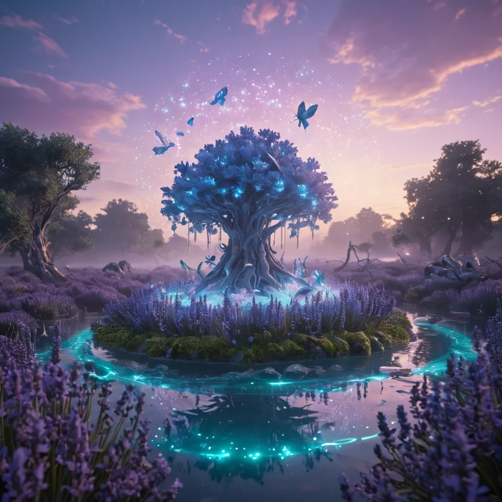 A floating island, lush with bioluminescent flora, drifts through a lavenderhued sky, inhabited by winged, humanoid creatures that communicate through intricate, glowing patterns on their skin, hyperrealistic, 8K, cinematic lighting, volumetric lighting, atmospheric effects, dynamic lighting, bokeh effect, soft focus, lens flare, pastel purples, soft blues, and glowing whites, detailed textures.