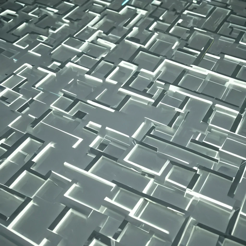 A topdown, isometric view of a vast, rectangular grid of suspended, rigid, transparent acrylic tiles floating above a deep, shadowy chasm. Each tile is etched with a unique, complex geometric maze in a matte, pearlescent white finish. The mazes are not static they are actively filling with a slowmoving, viscous liquid in a vibrant, saturated chartreuse hue, progressing from the center of each tile outward to the edges at different speeds, creating a dynamic sense of temporal flow. The lighting is cool and clinical, emanating from below, causing the liquidfilled channels to glow with an intense, internal radiance that contrasts sharply with the opaque, shadowed gaps between the floating tiles. The perspective is perfectly flat
