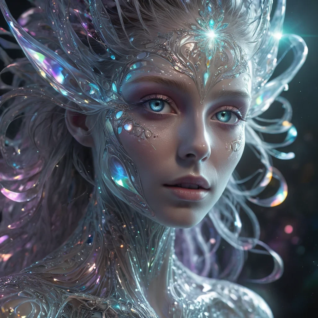 A hyperrealistic, 4K, ultra HD, photorealistic portrait of a mysterious, ethereal being with opalescent, iridescent skin and eyes that shimmer with an otherworldly, prismatic glow. The beings face is framed by cascading, fractal, crystalline hair that unfurls in zero gravity, creating an intricate, dynamic, and mesmerizing pattern. Cinematic lighting bathes the portrait in a soft, ethereal glow, with lens flare emphasizing the beings radiant, alien essence. Vibrant, pastel hues and detailed textures bring the ethereal being to life, capturing its enigmatic, surreal beauty in a symphony of color and light.