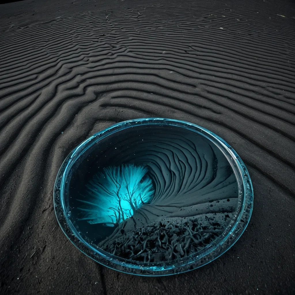 A sweeping, wideangle aerial view of an endless, rolling dune of fine, matte charcoal dust, sculpted by unseen winds into a precise, repeating pattern of interlocking crenellations that mimic the teeth of a colossal, invisible gear. Resting in the deepest trough of this dust landscape is a single, pristine, convex mirror made of polished, clear quartz, large enough to reflect the entire surrounding horizon. The reflection in the mirror shows not the charcoal dunes, but a vibrant, highcontrast scene of a dense, tropical rainforest composed entirely of bioluminescent fungi and glowing cyan moss, with no trees or wood in sight, only fleshy, mushroomlike structures and dripping, luminous spores. The lighting is