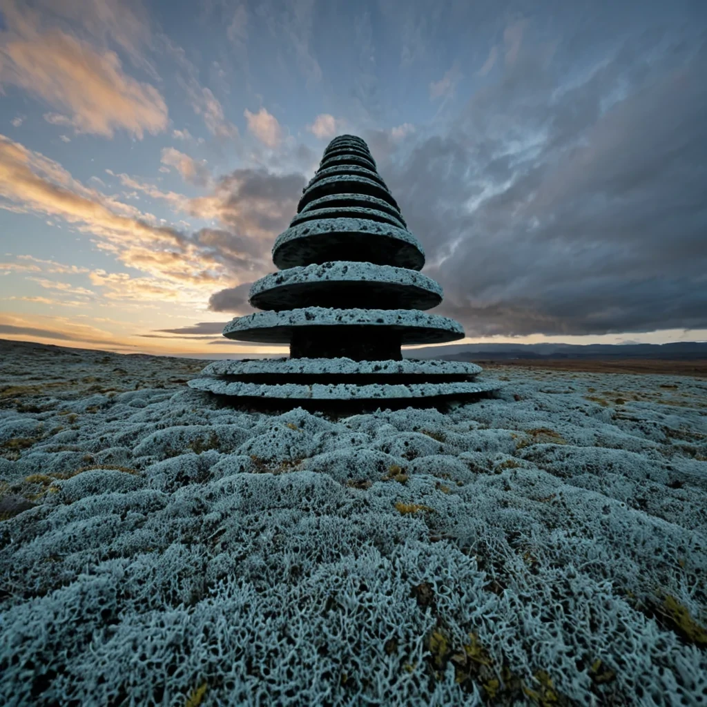 A horizontal, wideangle shot of a serene, highaltitude plateau covered in a thick carpet of soft, electricblue lichen that glows with a faint, internal luminescence. In the center stands a solitary, massive structure composed entirely of stacked, semitransparent layers of compressed cloud vapor, forming a steplike ziggurat that seems to dissolve into the sky. The structure is anchored by slender, spiraling columns of white ceramic that rise from the ground and weave through the vapor layers like delicate ribbons. Scattered across the lichen field are small, spherical stones made of polished matte black slate, each emitting a single, thin beam of warm, golden light that pierces the cool blue atmosphere. In the foreground, a figure wearing