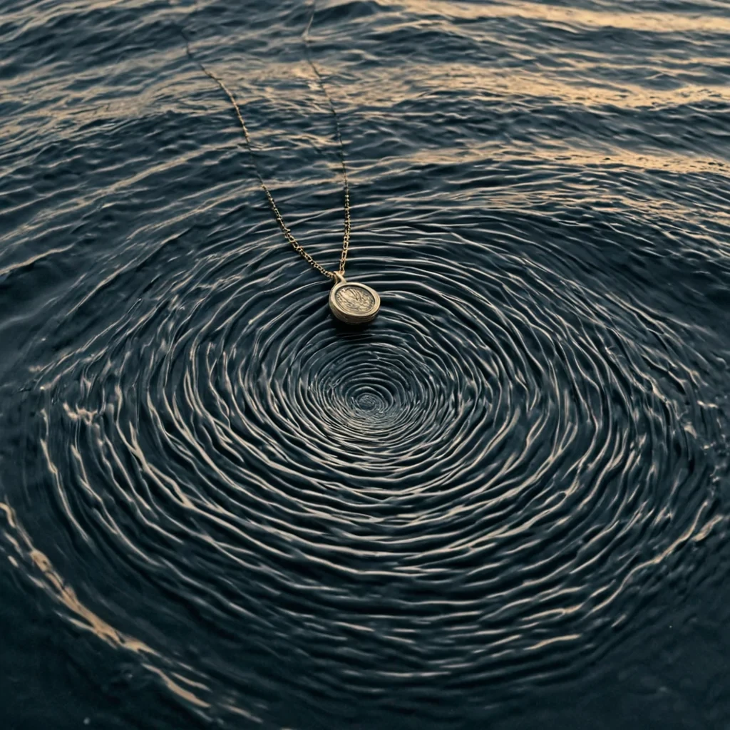 A single, selfilluminating locket made of woven quantum foam and solidified regret floats in the center of a vast, still ocean of liquid memory, its surface not smooth but textured like the inside of a forgotten dream, each ripple etched with the faint, shimmering script of a name whispered in the dark. The locket does not openit resonates, emitting not light, but a low, harmonic frequency that bends time into concentric waves of visible emotion, each wave forming the shape of a letter that was never sent. The ocean beneath is not waterit is a thick, viscous layer of compressed silence, its surface rippling with the thermal afterimage of a conversation that happened in reverse, each ripple fading into a